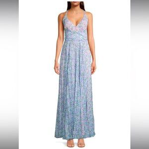 Laundry by Shelli Segal Floral Pleated Chiffon Crisscross Back Maxi Dress Sz 2